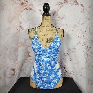 Sky Blue Retro V-Neck One Piece Bathing Suit